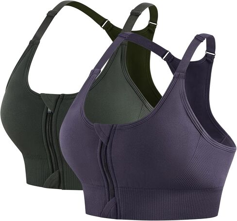 2 حمالة صدر رياضية قابلة للتعديل للنساء، سحاب أمامي للإغلاق عالي التأثير، حمالة صدر مبطنة لاسلكية للتمرين واليوجا in Kuwait