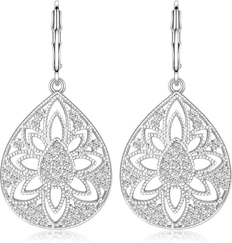 Ritach Silver Dangle Earrings for Women Leverback Filigree Teardrop Earrings Hypoallergenic Silver Dangle Drop Earring for Gifts in Kuwait