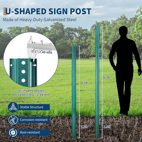 6FT Sign Post, 1 Pack U-Channel Sign Post with Pre-Drilled Holes, Steel Fence for Gardens, Farms, Parking Lots & Traffic Control, Rust-Resistant, Heavy Duty, Easy to Install, Green in Kuwait