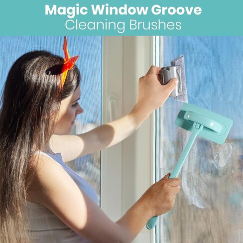 Window Screen Cleaner & Track Cleaning Kit – Mesh Screen Cleaning Brush + 3 Groove Brushes & 6 Replacement Cleaning Cloths – 14.8″ Detachable Long-Reach Handle, Wet & Dry Dual-Use in Kuwait