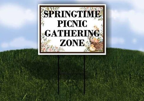 Springtime Picnic Gathering Zone Easter Spring Vintage Chicks Eggs Basket Brown Up Arrows A-Frame Single Sided 23x23 in. sign in Kuwait