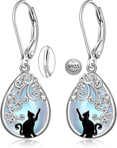 Cat Earrings Moonstone Filigree Earrings for Women Sterling Silver Teardrop Moonstone Black Cat Earring Dangle Cats Jewelry Cute Valentines Christmas Gifts in Saudi Arabia