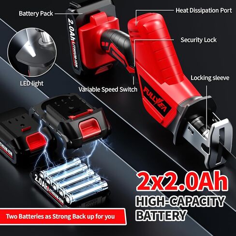 FULLYEA Reciprocating Saw Cordless, 0-3500SPM Power Reciprocating Saw with 2*2000mAh Battery & 4 Saw Blades, Tool-Free Blade Change, Variable Speed Reciprocating Saws for Woods/Metal/Plastic Cutting in Kuwait