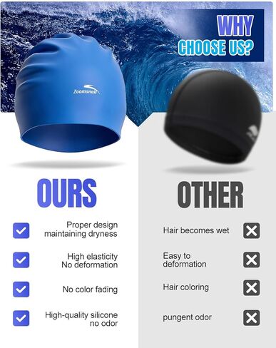 قبعة سباحة كبيرة من السيليكون من Zoomsnail للشعر الطويل، سدادة مقاومة للماء ومضادة للتسرب للضفائر والمجدل والنسيج والأفرو والتجعيد، قبعة سباحة للنساء والرجال، فكرة لحمام السباحة، الشاطئ، السباحة (أزرق، L) in Kuwait