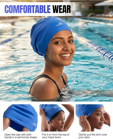 قبعة سباحة كبيرة من السيليكون من Zoomsnail للشعر الطويل، سدادة مقاومة للماء ومضادة للتسرب للضفائر والمجدل والنسيج والأفرو والتجعيد، قبعة سباحة للنساء والرجال، فكرة لحمام السباحة، الشاطئ، السباحة (أزرق، L) in Kuwait