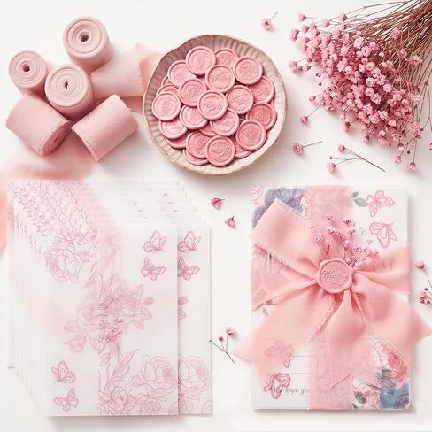 50 Set Wedding Invitations Wraps Set Pre Folded Vellum Jackets for 5 X 7 Invitations Wax Seal Stickers Dried Flowers Chiffon Silk Ribbon for Craft diy (PINK) in Kuwait