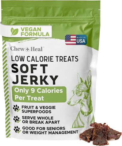 Chew + Heal Labs Low Calorie Dog Jerky Treats - 5 oz of Vegan Plant Based Natural Dog Treats with Chia Seeds, Fruits, and Vegetables - Good for Weight Management - Made in The USA in Saudi Arabia