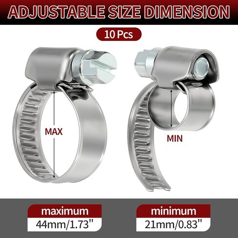 10 Pack Stainless Steel Hose Clamps, Adjustable Range 0.83"-1.73"(21-44mm) Worm Gear Hose Clamp Assortment Kit, Metal Fuel Line Clamping for Plumbing, Automotive, Mechanical Silver in Saudi Arabia