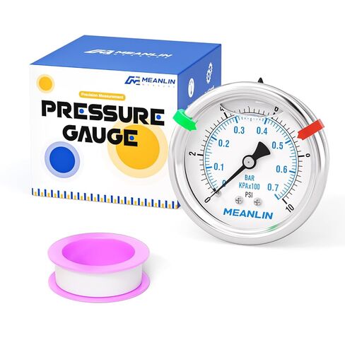 MEANLIN MEASURE 0~10Psi Stainless Steel Liquid Filled Pressure Gauge, 1/4" NPT 2.5" Luminous Dial, Glycerin Filled for WOG Water Oil Air Center Back Mount with 2PCS Snaps in Saudi Arabia