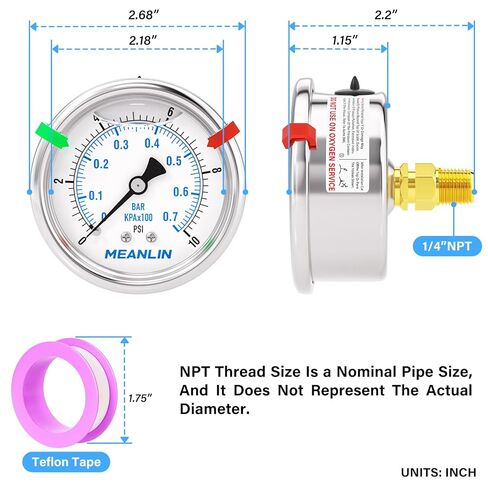 MEANLIN MEASURE 0~10Psi Stainless Steel Liquid Filled Pressure Gauge, 1/4" NPT 2.5" Luminous Dial, Glycerin Filled for WOG Water Oil Air Center Back Mount with 2PCS Snaps in Saudi Arabia