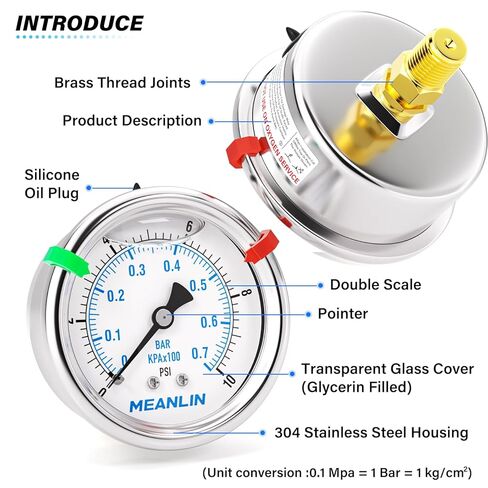 MEANLIN MEASURE 0~10Psi Stainless Steel Liquid Filled Pressure Gauge, 1/4" NPT 2.5" Luminous Dial, Glycerin Filled for WOG Water Oil Air Center Back Mount with 2PCS Snaps in Saudi Arabia