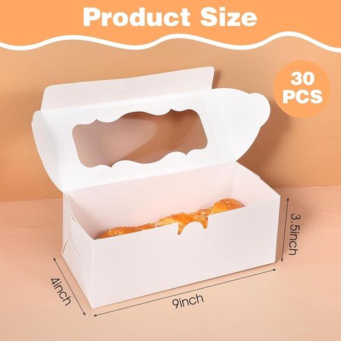 30 قطعة من صناديق المخبوزات البيضاء مع نافذة مقاس 9x4x3.5 بوصة لصناديق الكعك والحلويات والكعك والدونات والحلويات والمعجنات، مثالية لحفلات الزفاف والحفلات والهدايا in Kuwait