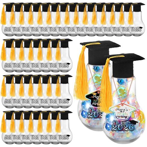 FoldTier 36 Pcs Graduation Party Favors Light Bulb Candy Jars Class of 2026 Graduation Party Supplies for Guests Grad Plastic Light Bulb with Card and Grad Hat Fillable Candy Containers, 100 ml in Saudi Arabia