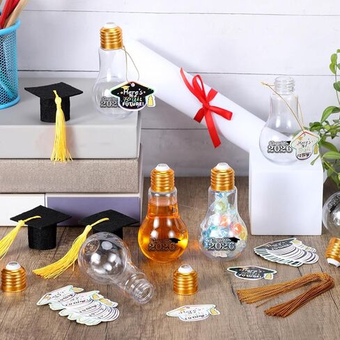 FoldTier 36 Pcs Graduation Party Favors Light Bulb Candy Jars Class of 2026 Graduation Party Supplies for Guests Grad Plastic Light Bulb with Card and Grad Hat Fillable Candy Containers, 100 ml in Saudi Arabia