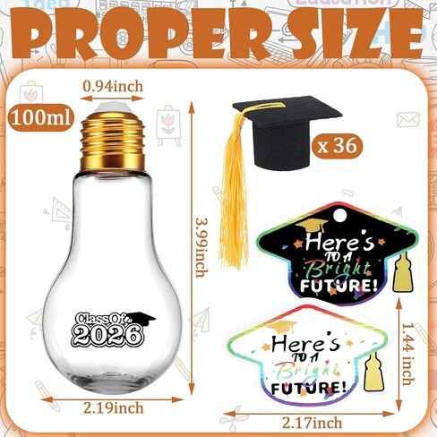 FoldTier 36 Pcs Graduation Party Favors Light Bulb Candy Jars Class of 2026 Graduation Party Supplies for Guests Grad Plastic Light Bulb with Card and Grad Hat Fillable Candy Containers, 100 ml in Saudi Arabia