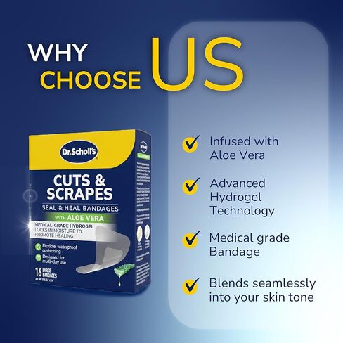 Dr. Scholl’s Cuts & Scrapes Flexible Adhesive Waterproof Large Seal & Heal Bandages, First Aid and Wound Care Medical Supplies, Medical-Grade Hydrogel Locks in Moisture to Promote Healing, 16 Count in Saudi Arabia