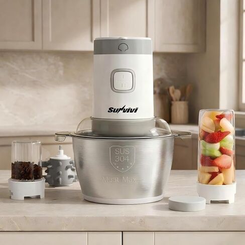 Sunvivi 4-IN-1 Food Processor: Electric Chopper for Meat Grinder, Vegetable Chopper, Juicer, Garlic Peeler & Coffee Grinder, 350W Portable Blender with 2 Speeds, Stainless Steel Bowl, 2 Cups, White in Saudi Arabia