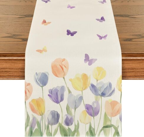 Artoid Mode Watercolour Tulip Butterfly 210 GSM Spring Table Runner, Seasonal Summer Kitchen Dining Table Decoration for Home Party Decor 13x72 Inch in Saudi Arabia