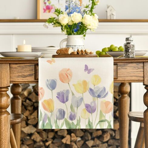 Artoid Mode Watercolour Tulip Butterfly 210 GSM Spring Table Runner, Seasonal Summer Kitchen Dining Table Decoration for Home Party Decor 13x72 Inch in Saudi Arabia