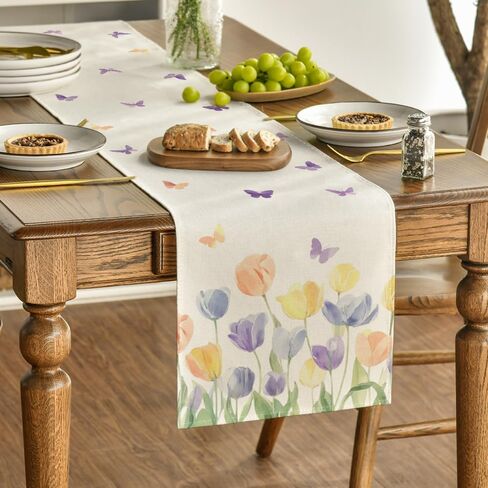 Artoid Mode Watercolour Tulip Butterfly 210 GSM Spring Table Runner, Seasonal Summer Kitchen Dining Table Decoration for Home Party Decor 13x72 Inch in Saudi Arabia