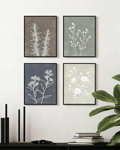 Drsoum مؤطرة Boho Wall Art Set من 4 مطبوعات نباتية خمر خمر نباتات ريفية ريفية للمطبخ الحمام ديكور المنزل جاهز لتعليق 8x10inx4pcs (مؤطرة طبيعية) in Kuwait