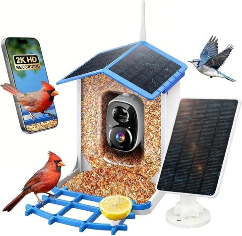 وحدة تغذية الطيور الذكية ثلاثية الطاقة الشمسية مع الكاميرا - كاميرا مراقبة الطيور اللاسلكية بدقة 3 ميجابكسل UHD للأماكن الخارجية مع تحديد أنواع الطيور بالذكاء الاصطناعي وسعة البذور 2 لتر، هدية مثالية لمحبي الطيور والأمهات والآباء in Kuwait