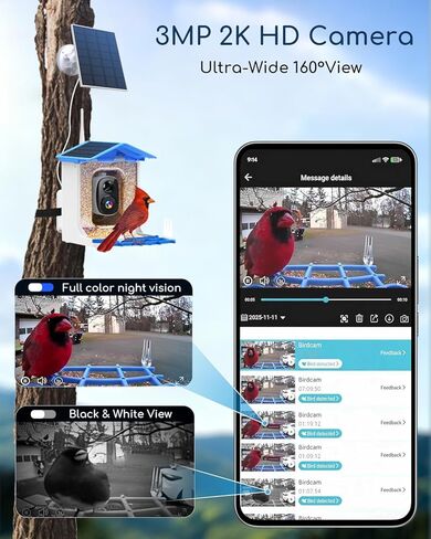 وحدة تغذية الطيور الذكية ثلاثية الطاقة الشمسية مع الكاميرا - كاميرا مراقبة الطيور اللاسلكية بدقة 3 ميجابكسل UHD للأماكن الخارجية مع تحديد أنواع الطيور بالذكاء الاصطناعي وسعة البذور 2 لتر، هدية مثالية لمحبي الطيور والأمهات والآباء in Kuwait