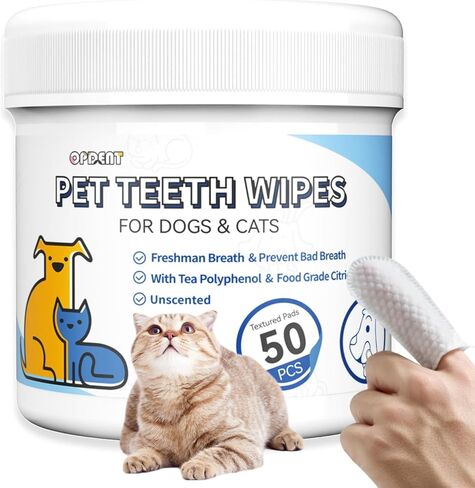 مناديل تنظيف أسنان الكلاب بدون شطف - مناديل أصابع أسنان الحيوانات الأليفة للقطط والكلاب المنعشة، مناديل مبللة لفرشاة أسنان الكلاب لسهولة إزالة البلاك والجير، تنظف التفريغ بلطف (50 قطعة، غير معطرة) in Kuwait