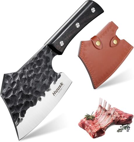 Huusk Meat Cleaver Knife Heavy Duty Bone Chopper, Hand Forged Kitchen Axe with Sheath, Full Tang Bone Chopping Knife, Japanese Butcher Knife for Meat Cutting, Kitchen Father Christmas Gift Idea Men in Saudi Arabia