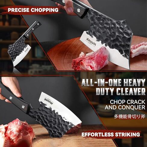 Huusk Meat Cleaver Knife Heavy Duty Bone Chopper, Hand Forged Kitchen Axe with Sheath, Full Tang Bone Chopping Knife, Japanese Butcher Knife for Meat Cutting, Kitchen Father Christmas Gift Idea Men in Saudi Arabia