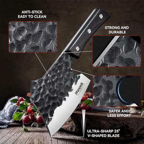 Huusk Meat Cleaver Knife Heavy Duty Bone Chopper, Hand Forged Kitchen Axe with Sheath, Full Tang Bone Chopping Knife, Japanese Butcher Knife for Meat Cutting, Kitchen Father Christmas Gift Idea Men in Saudi Arabia