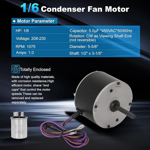 B13400251,1/6 HP محرك مروحة المكثف يستبدل Goodman B13400251، ge 5KCP39BGY926S، genteq 3S012، 208-230 فولت، 1075 دورة في الدقيقة، مع مكثف in Kuwait