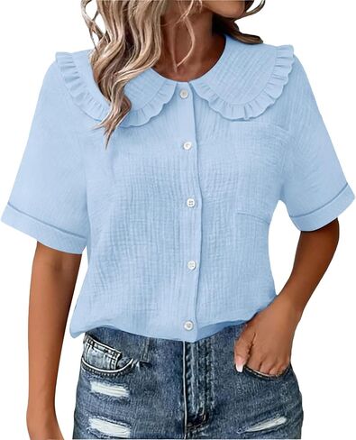 Cotton Gauze Shirts for Women Summer Button Down Blouses Cute Ruffle Collar Short Sleeve Tops Casual Vacation Outfits in Kuwait