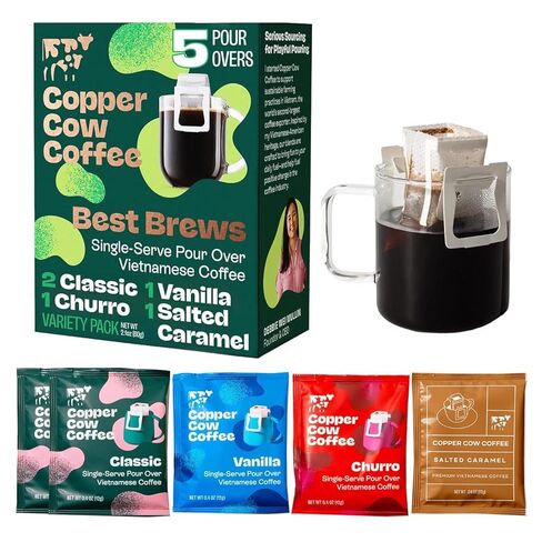 Copper Cow Coffee with Glass Mug & 5 Premium Vietnamese Pour Over Ground Coffees (Classic, Vanilla, Churro, Salted Caramel) in Saudi Arabia