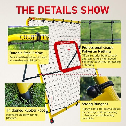 شبكة بيسبول مقاس 3 × 3.5 قدم، شبكة ارتداد، شبكة تدريب منفرد، مدرب إرجاع الرمي، أربع زوايا إرجاع سريعة التبديل، أصفر، رائعة للأطفال والشباب in Kuwait