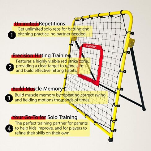شبكة بيسبول مقاس 3 × 3.5 قدم، شبكة ارتداد، شبكة تدريب منفرد، مدرب إرجاع الرمي، أربع زوايا إرجاع سريعة التبديل، أصفر، رائعة للأطفال والشباب in Kuwait