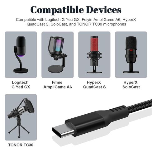 كابل ميكروفون Saipomor بطول 10 أقدام USB-C إلى USB-A وUSB-C 2 في 1 - متوافق مع Logitech G Yeti GX، Fifine AmpliGame A6، HyperX QuadCast S، SoloCast، TONOR TC30 - سلك ميكروفون أسود in Saudi Arabia