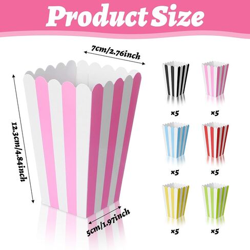 Mabor 30Pcs Colored Popcorn Boxes, Mini Paper Popcorn Bags for Party, Small Puffed Rice Buckets, Striped Puff Rice Bags Container Holder for Birthday Party Favor Movie Night Supplies in Saudi Arabia