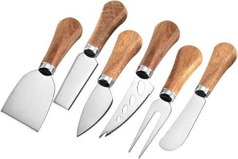YUANQIAN Cheese Knife Set with Acacia Wood Handles - Cheese Knife, Spreader, Fork, Slicer - Mini Stainless Steel Cheese Tools for Charcuterie Boards (4Pcs/Set, S) in Kuwait