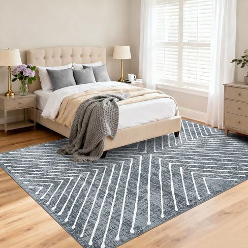 Bedroom Area Rug 5x7 Geometric Rug Machine Washable Living Room Area Rug Non Slip Stain Resistant Large Dining Room Throw Rug Ultra Soft Contemporary Carpet for Home Decor Office, Navy in Kuwait