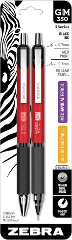Zebra Pen G-350 and M-350 Retractable Gel Pen/Mechanical Pencil Set, Premium Red Metal Barrel, Medium Point, 0.7mm, (11132), 2-Count (Pack of 1) in Kuwait