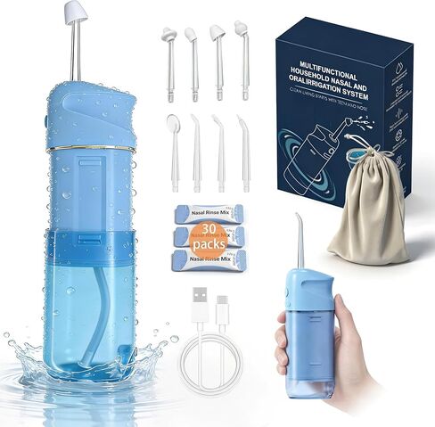 Nasal and Oral Dual-Function Irrigation System, Equipped with 8 Nozzles and 30 Packs of Salt Packets, Used to Relieve Sinus Problems and Provide Dual Care for Mouth and Nose.(Blue) in Saudi Arabia