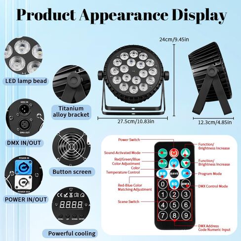 MINEJIE 18X18W DJ Light LED أضواء المسرح مع جهاز التحكم عن بعد، 12 لونًا يمكن إضاءة DMX512 صوت نشط، مادة الألومنيوم، تأثير ستروب وغسل لنادي حفلات الزفاف in Kuwait