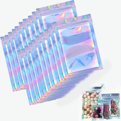20PCS Holographic Foil Resealable Bags Smell Proof Flat Zip Lock Pouches for Candy, Jewelry, Food Storage, Screws, Laser in Saudi Arabia