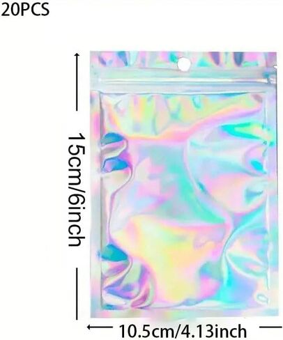 20PCS Holographic Foil Resealable Bags Smell Proof Flat Zip Lock Pouches for Candy, Jewelry, Food Storage, Screws, Laser in Saudi Arabia