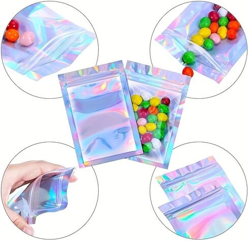 20PCS Holographic Foil Resealable Bags Smell Proof Flat Zip Lock Pouches for Candy, Jewelry, Food Storage, Screws, Laser in Saudi Arabia