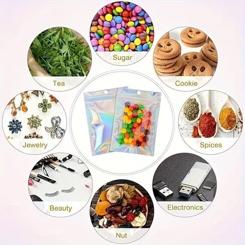 20PCS Holographic Foil Resealable Bags Smell Proof Flat Zip Lock Pouches for Candy, Jewelry, Food Storage, Screws, Laser in Saudi Arabia