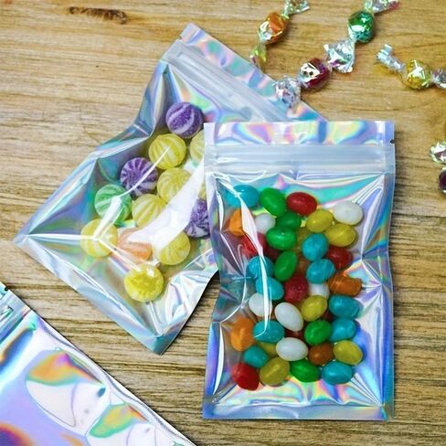 20PCS Holographic Foil Resealable Bags Smell Proof Flat Zip Lock Pouches for Candy, Jewelry, Food Storage, Screws, Laser in Saudi Arabia