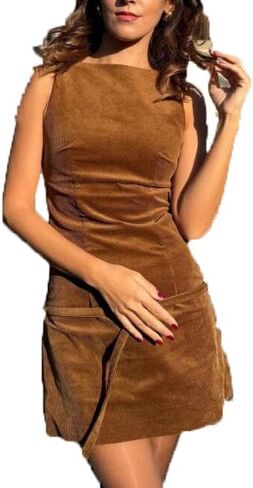 فستان قصير نسائي بني قصير بحزام رقبة دائرية بدون أكمام وسحاب خلفي فستان حفلات كاجوال in Kuwait
