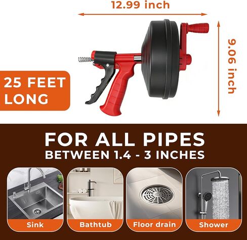Drain Auger 25Ft Plumbing Snake Drain Snake, Toilet Auger Toilet Snake Drain Clog Remover, Hair Clog Remover with Drill Adapter for Kitchen Bathroom Shower Sink in Saudi Arabia